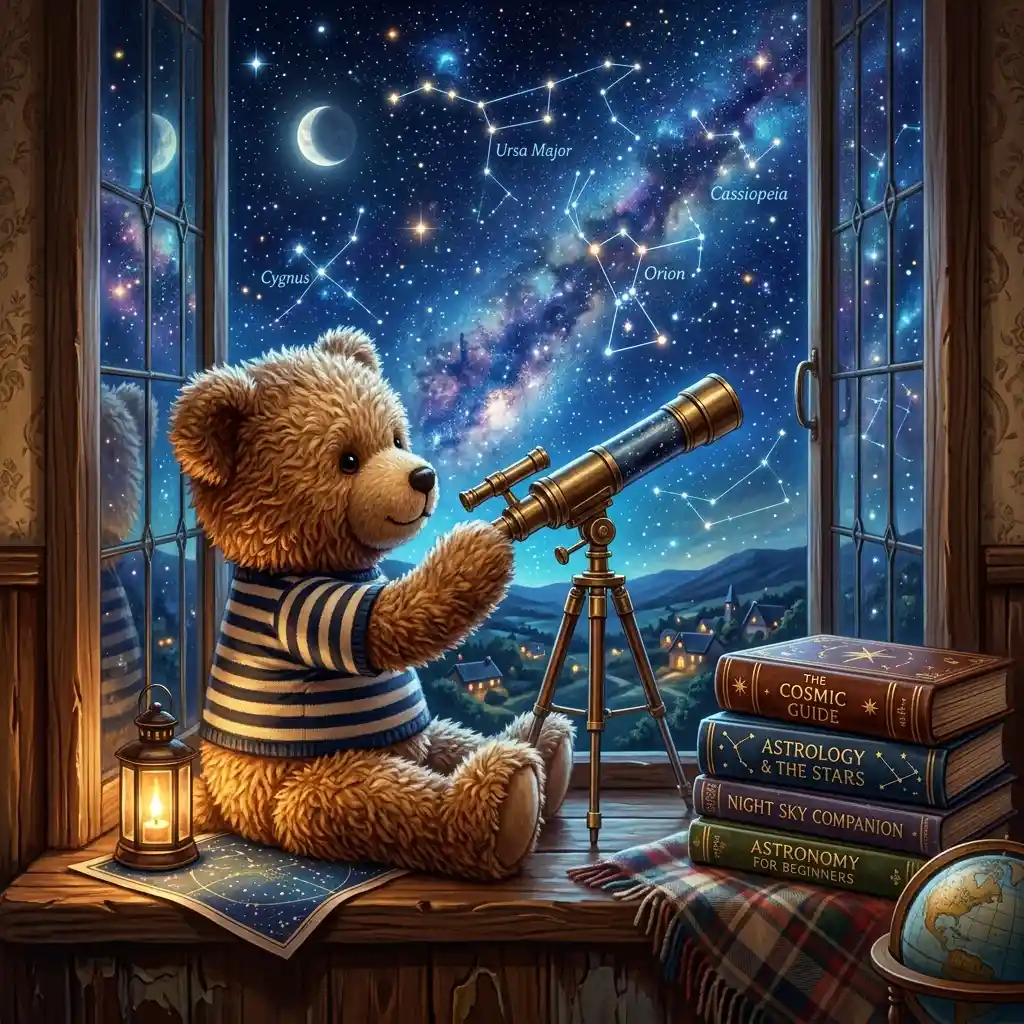 Teddy bear stargazing through a telescope at night sky