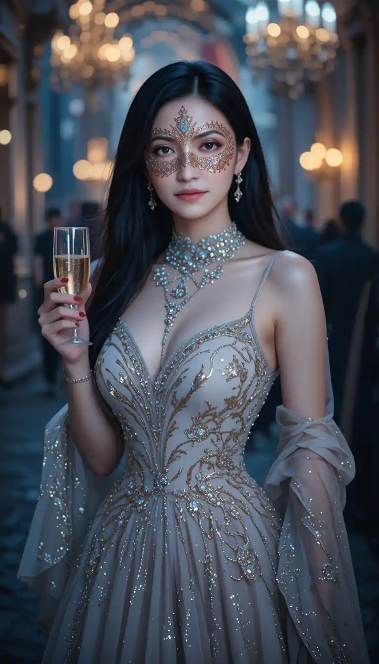 Masked woman in elegant gown at a venetian masquerade ball