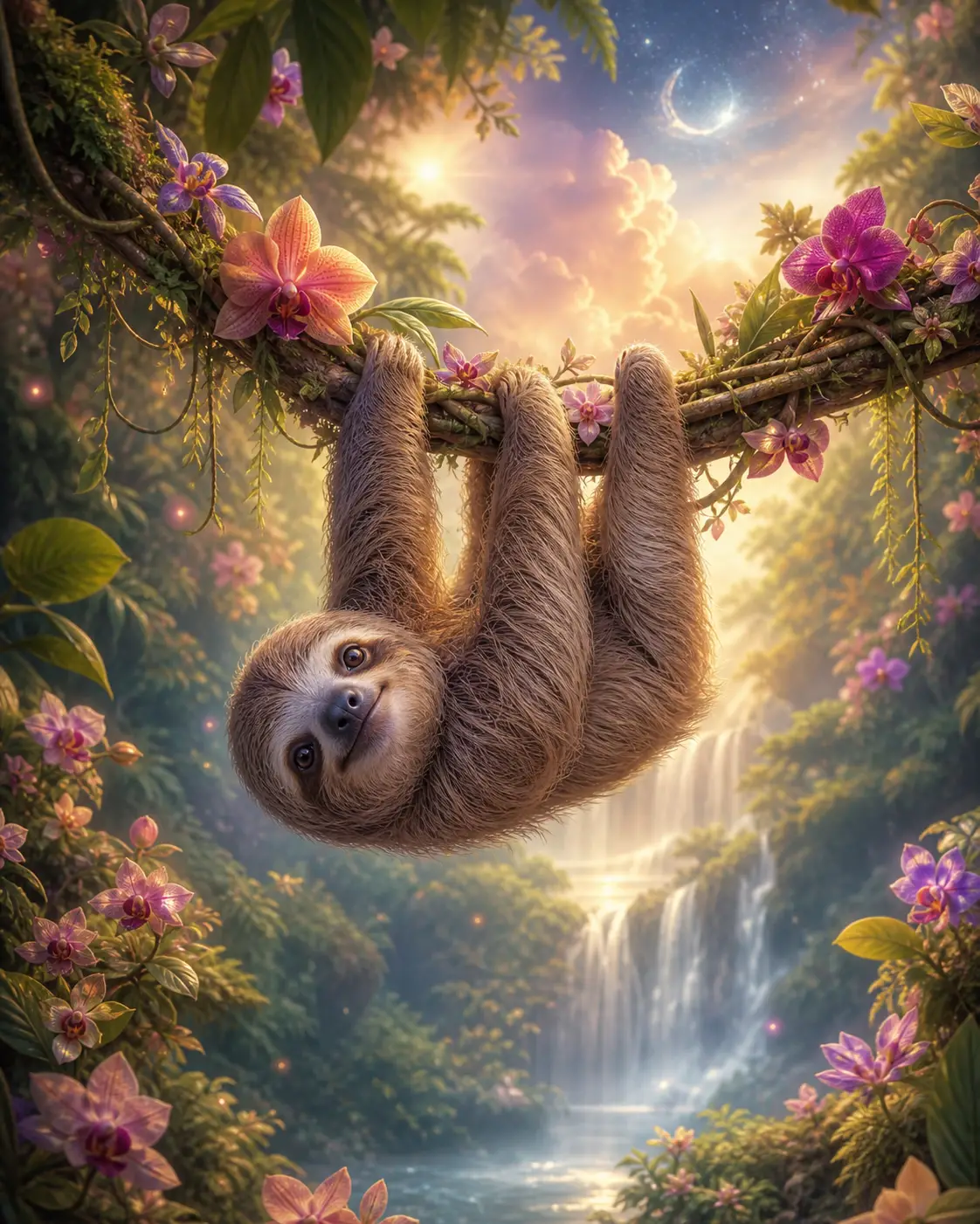 Baby sloth hanging from rainforest vine with orchids