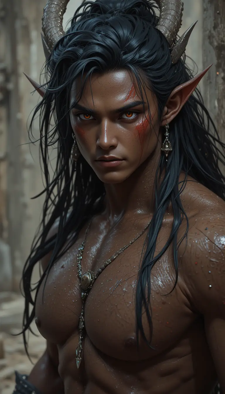 Red eyed dragon man with dark tousled hair and horns