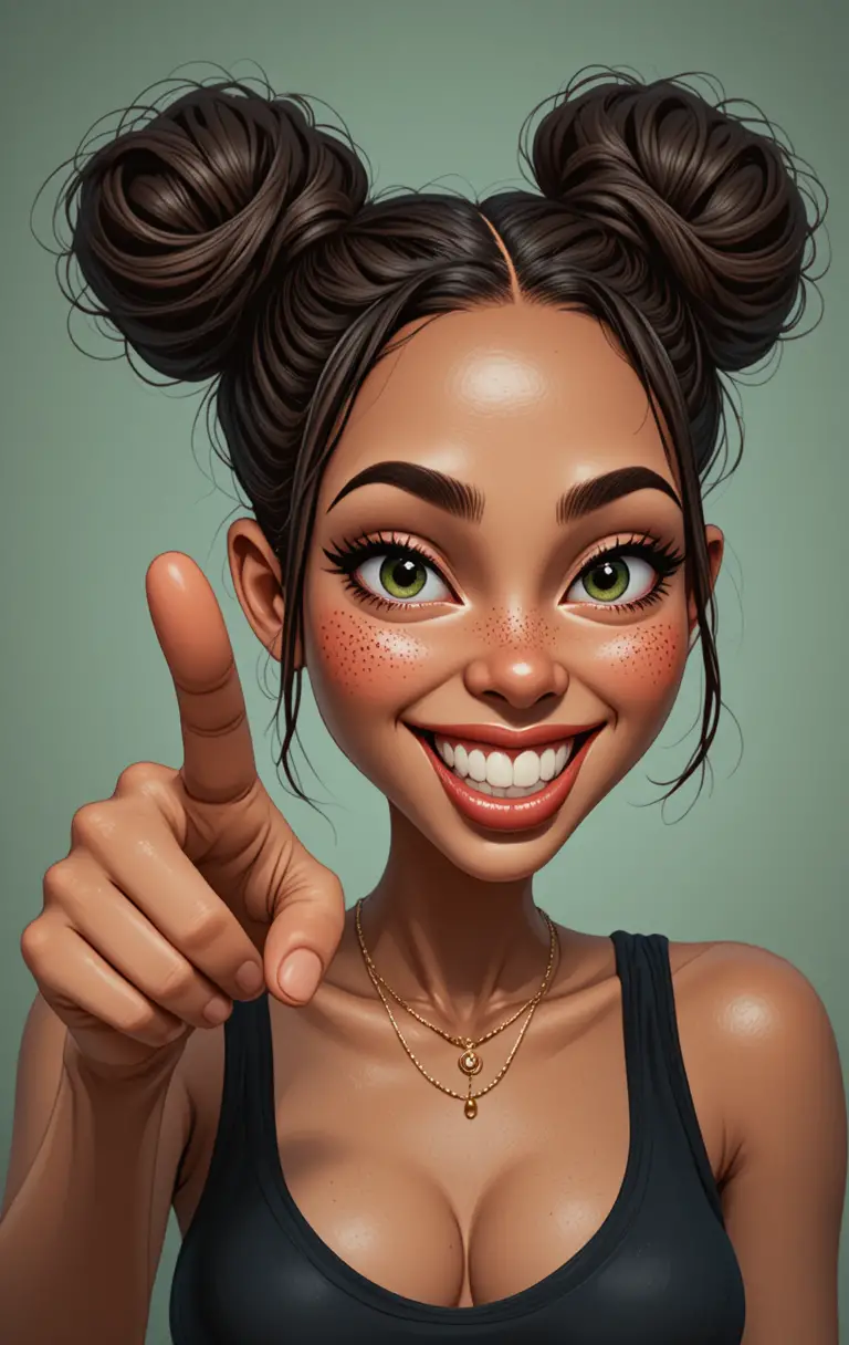 Playful caricature girl pointing forward with bright green eyes