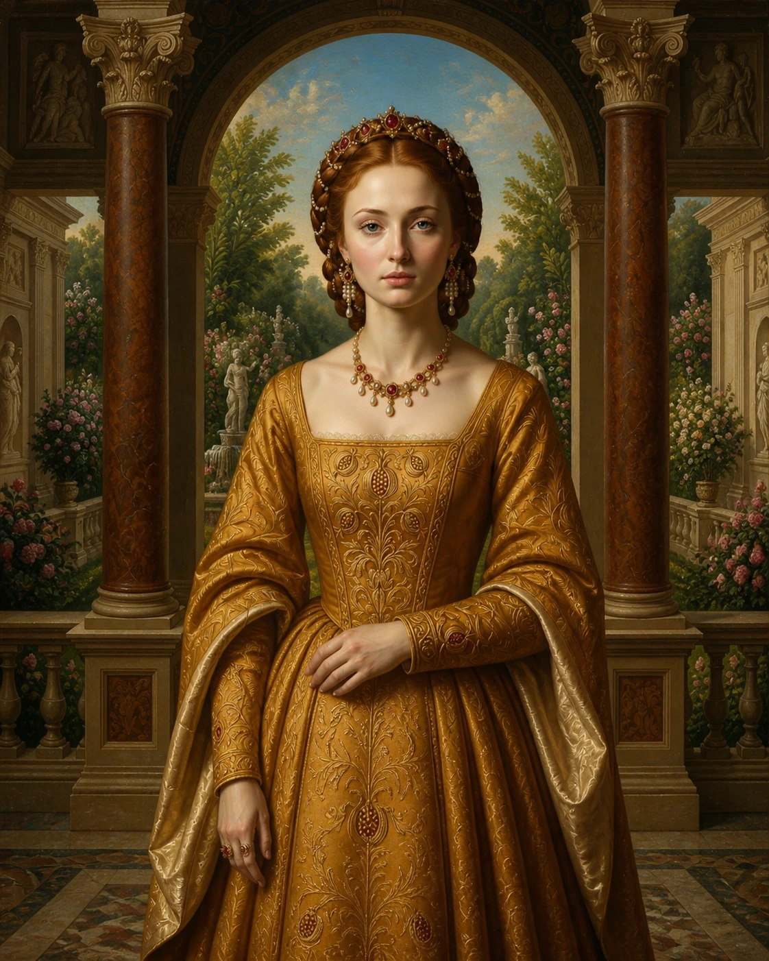 Renaissance style portrait of a young girl on a terrace
