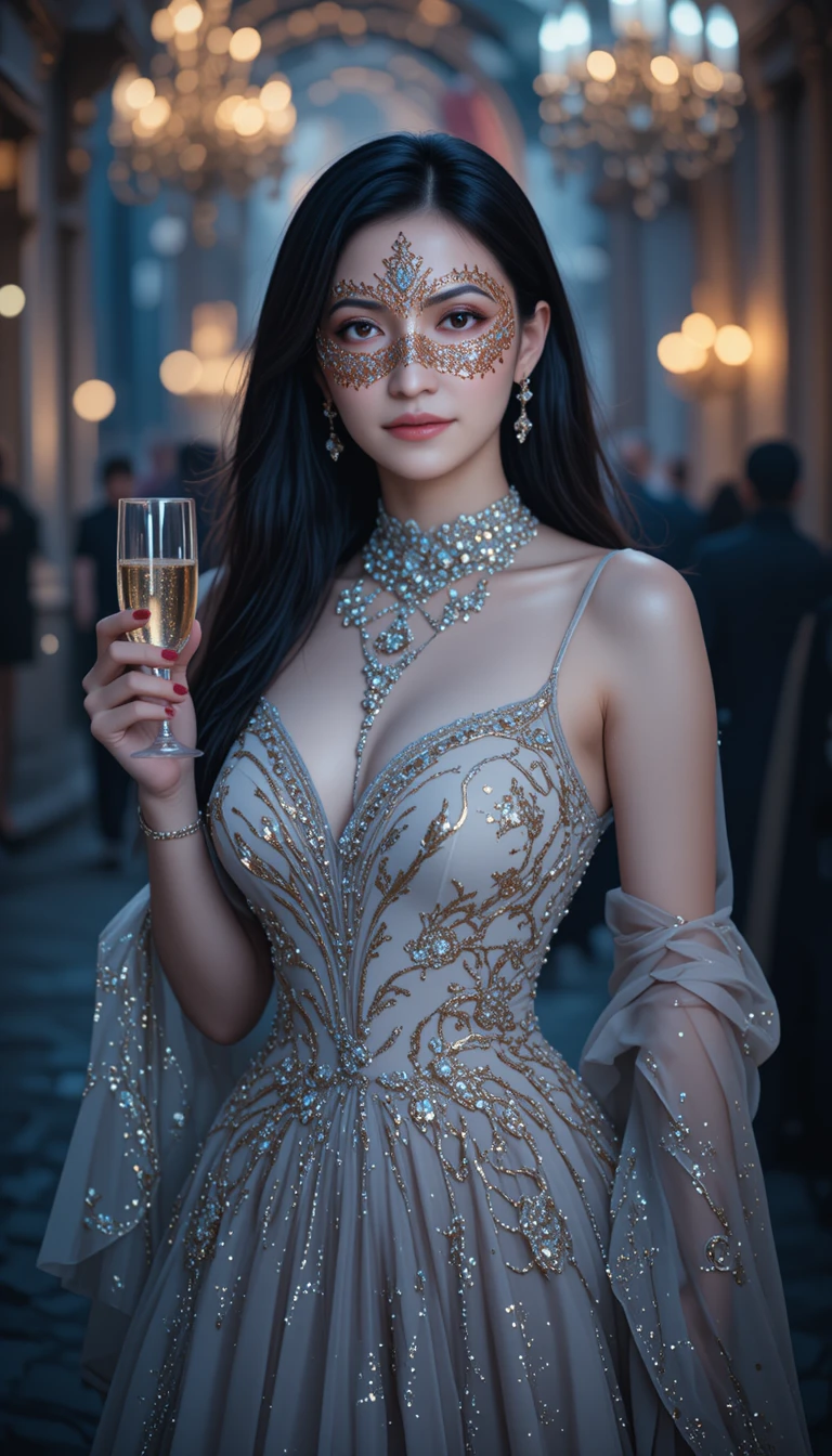 Masked woman in elegant gown at a venetian masquerade ball