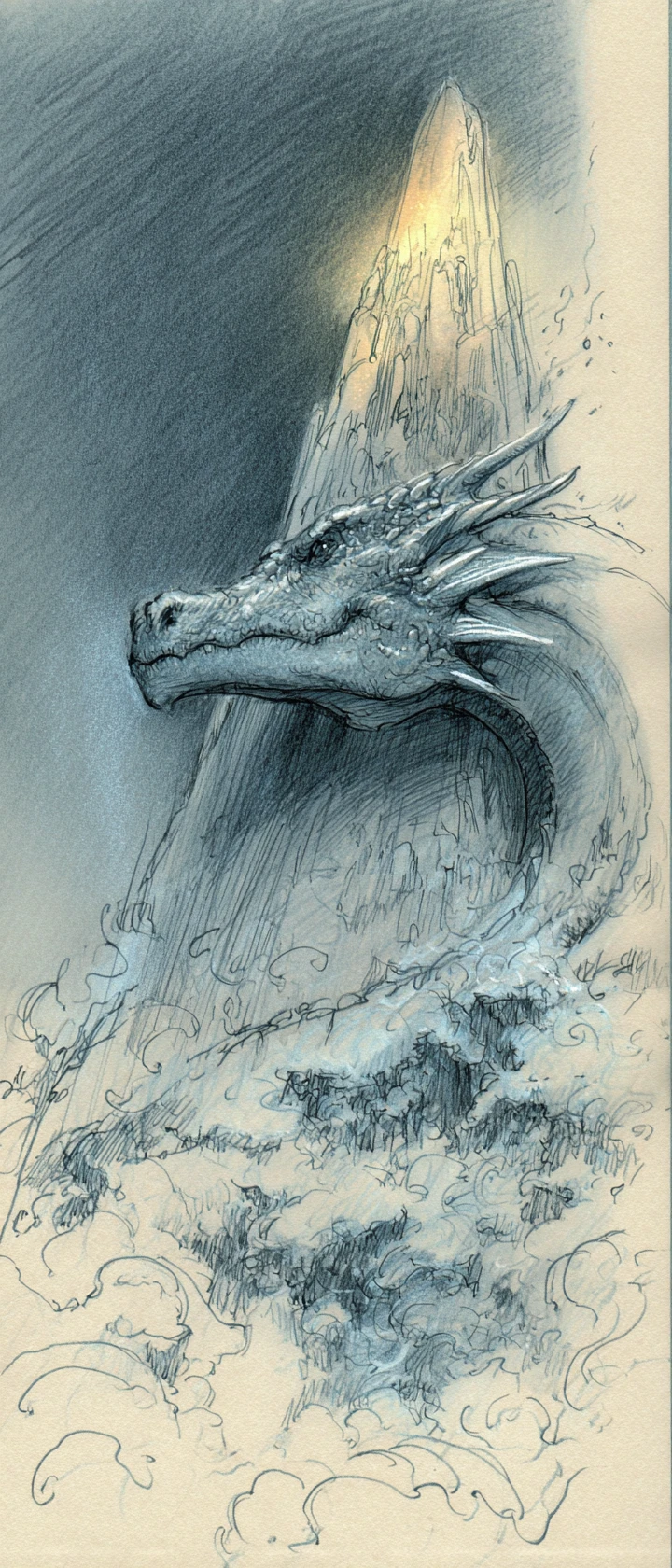 Sleeping dragon curled around a glowing crystal mountain