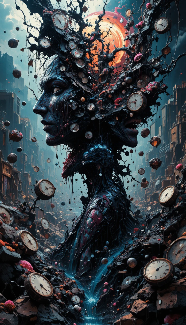Surreal fractured landscape of swirling distorted faces