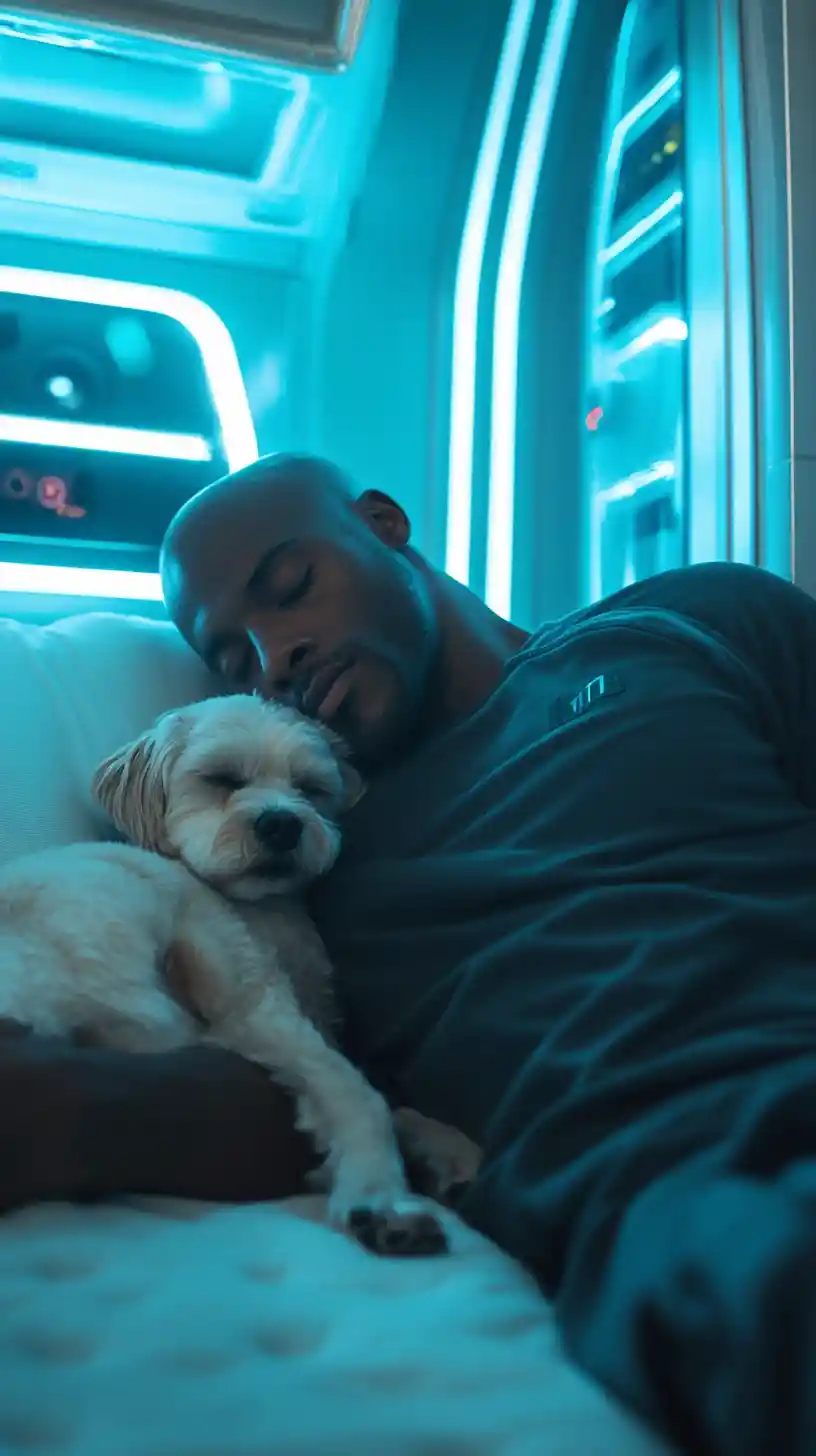 Bald man sleeping in a futuristic bed with small dog