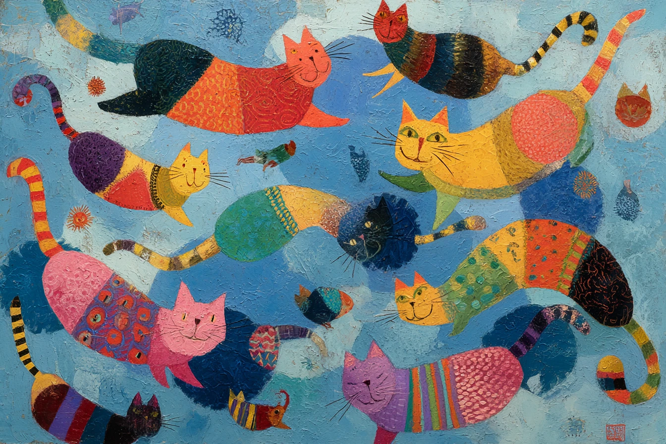 Gatos coloridos y abstractos flotando en una pintura azul surrealista