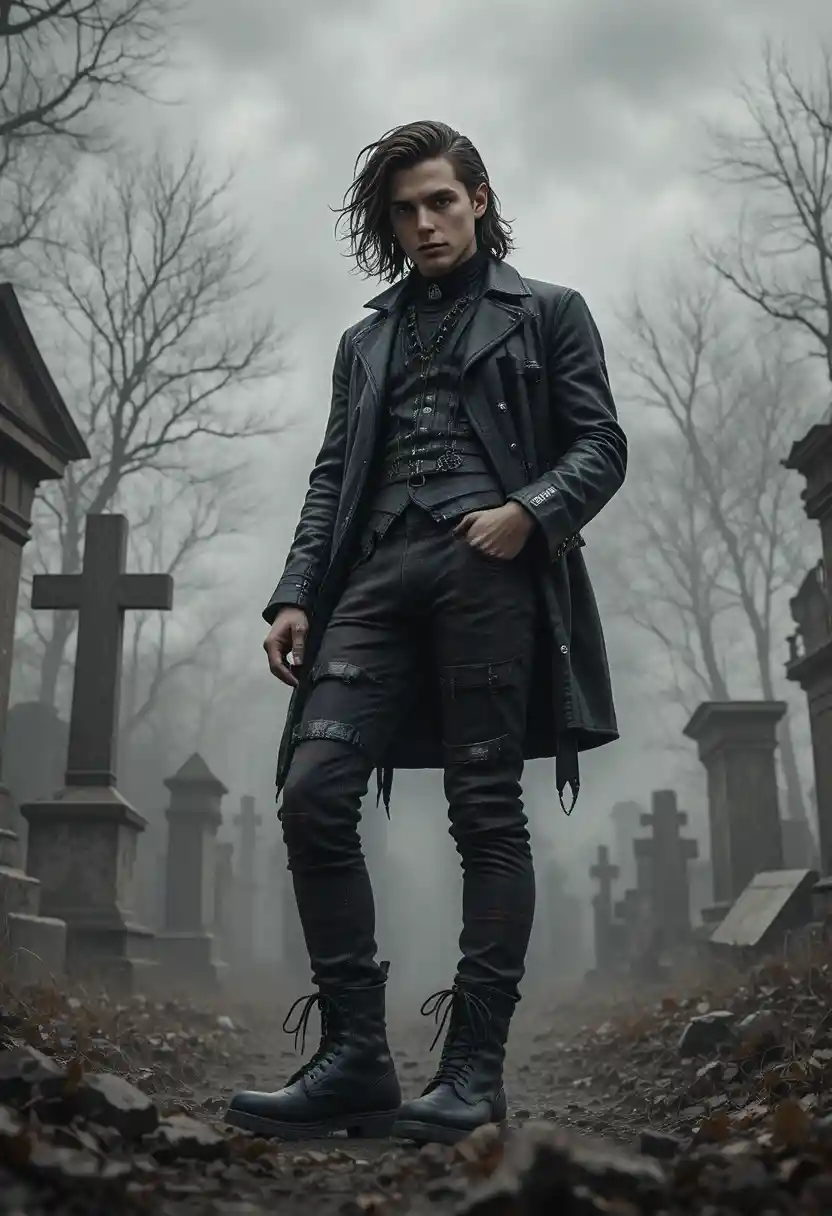Gothic woman in plaid standing in a foggy graveyard
