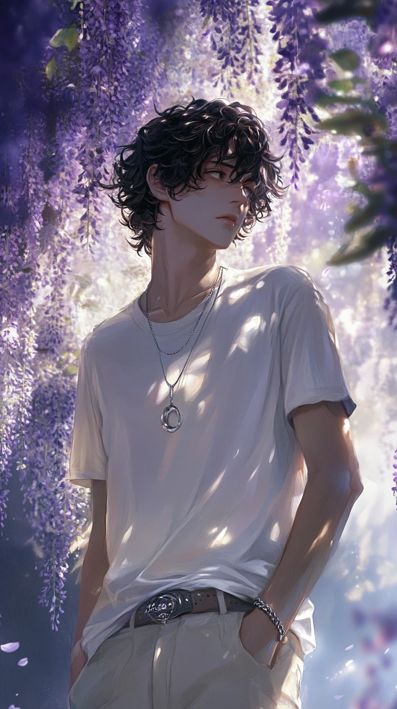 Anime man under cascading purple wisteria in soft light