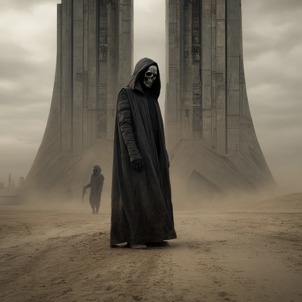 Cyborg figures in a dark futuristic desert shelter