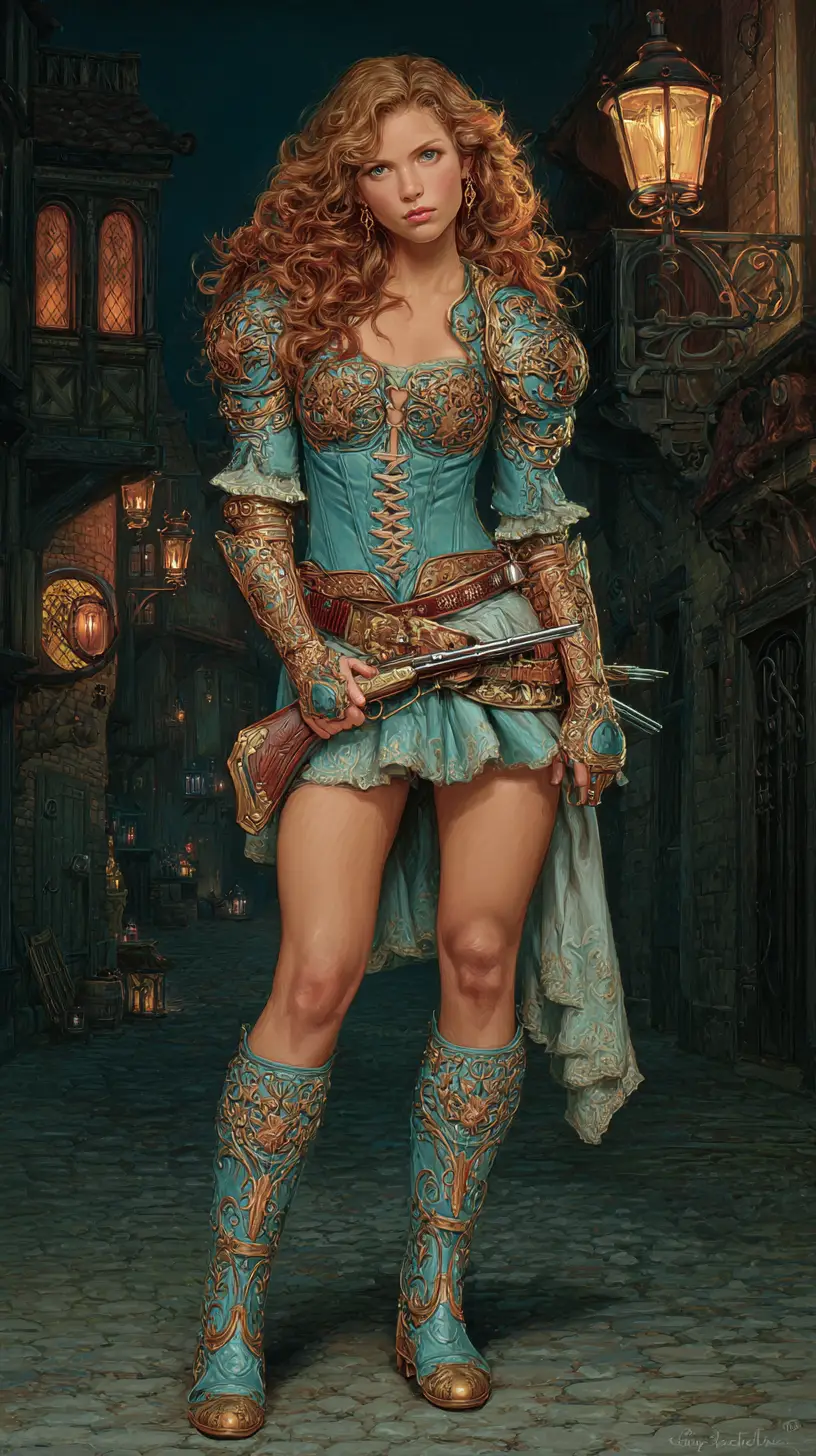 Guerriera fantasy in una strada medievale illuminata da lanterne