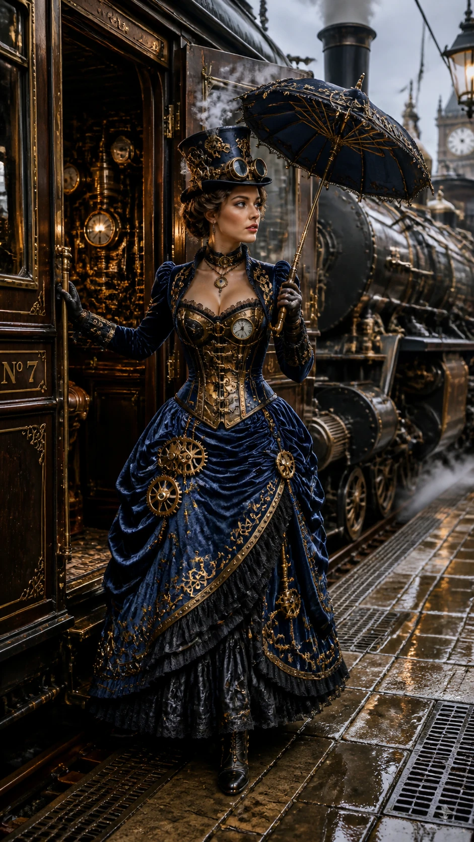 Steampunk woman stepping from ornate carriage onto platform