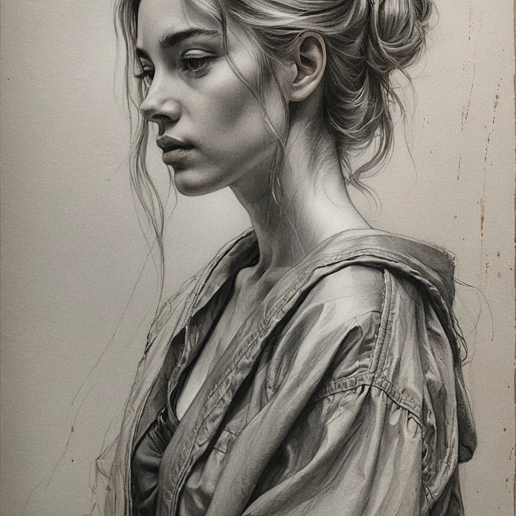 Young woman pencil profile portrait with melancholic gaze