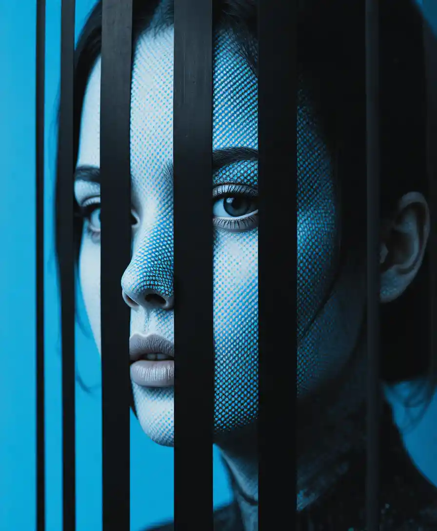 Hidden cyan halftone face behind parallel black slits