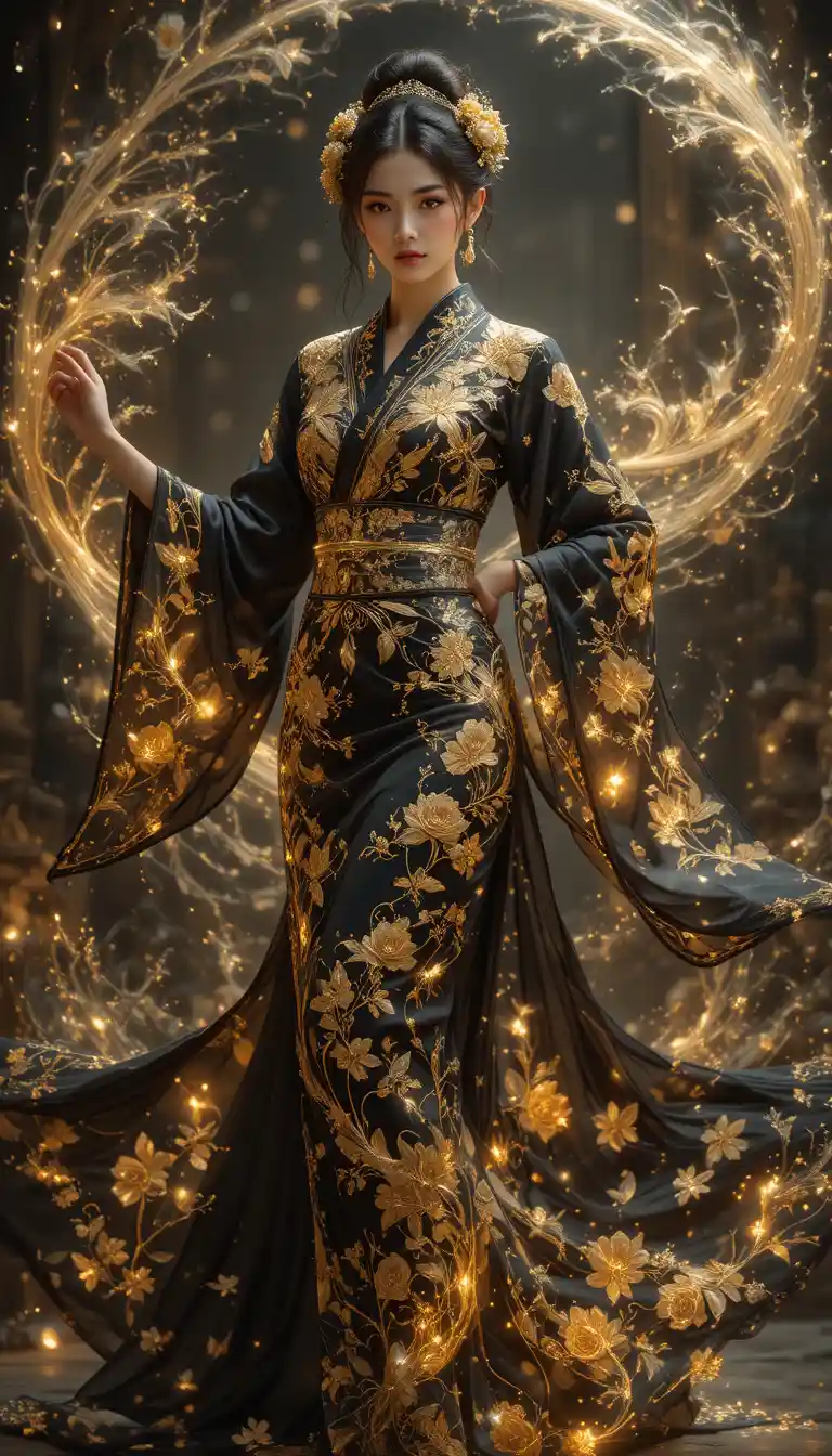 Elegant woman dancing in a black kimono with magic