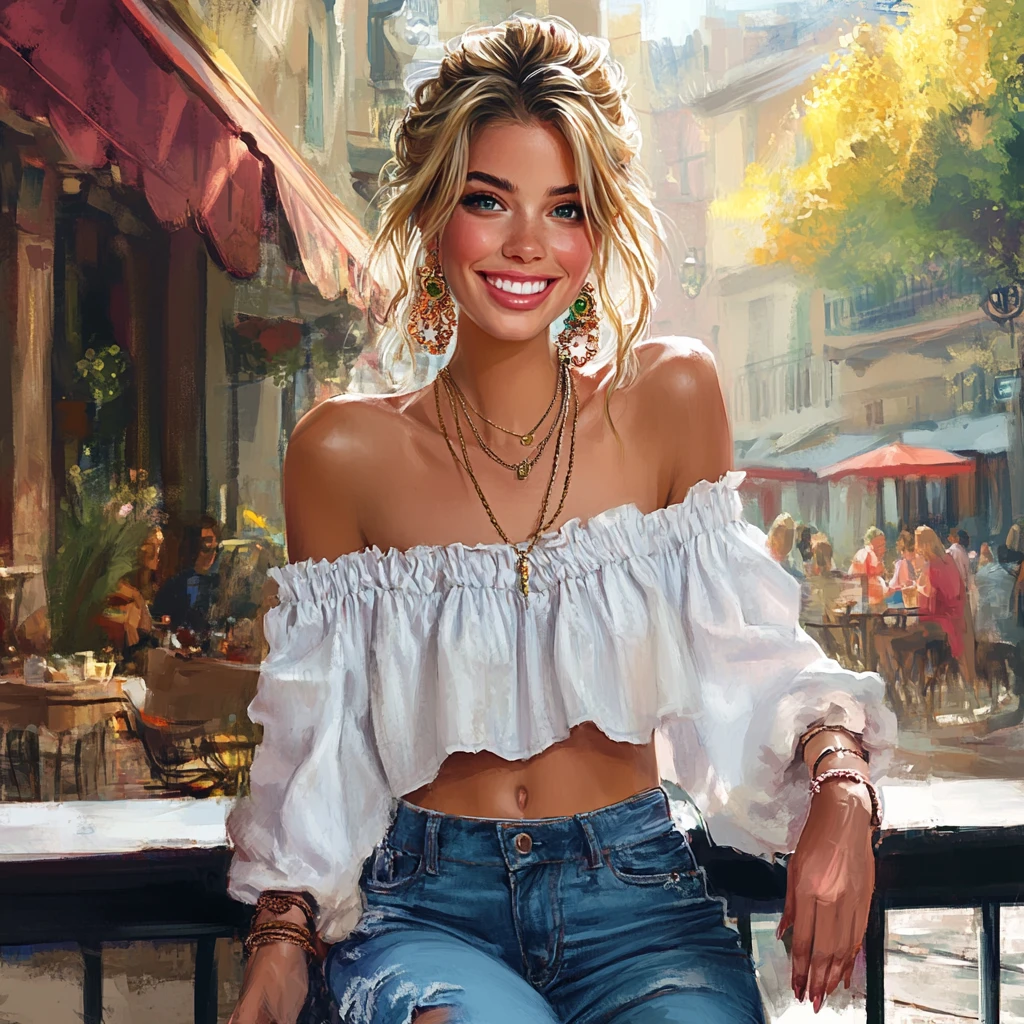 Smiling blonde girl in white blouse at city cafe