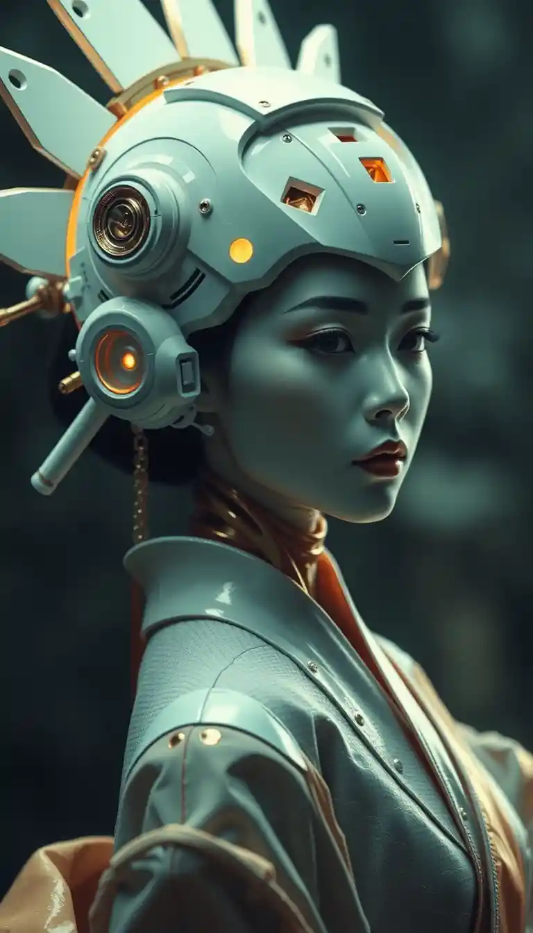 Hyperreales futuristisches Geisha‑Porträt mit mechanischem Kopfschmuck
