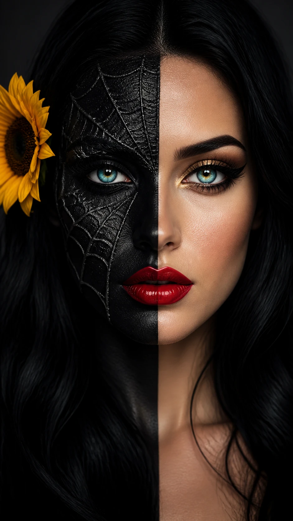 Zweifarbiges Beauty-Porträt mit Spinnennetz-Maske und Sonnenblume