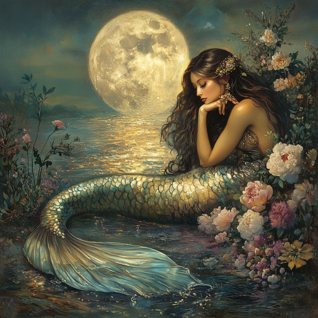 Mystical mermaid resting by a moonlit tranquil lake
