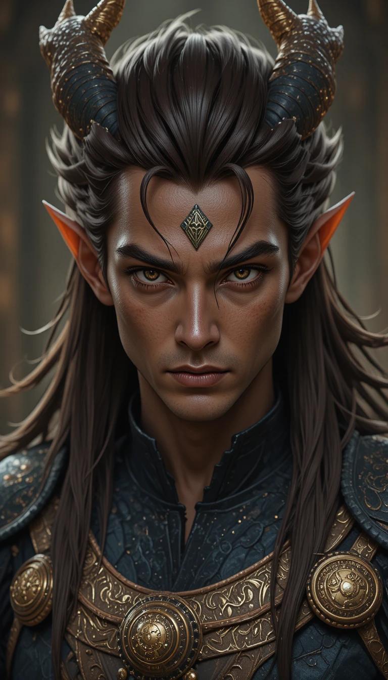 Dark haired dragon man in a Wakfu inspired fantasy world
