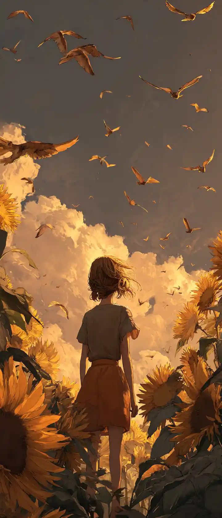 Young girl in sunflower field with petals becoming birds