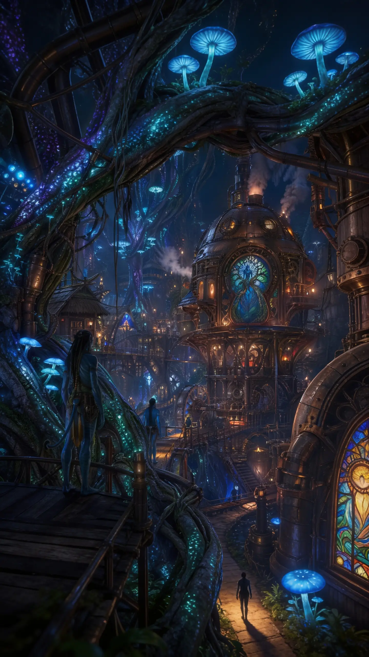 Hidden steampunk Na'vi village in a glowing jungle