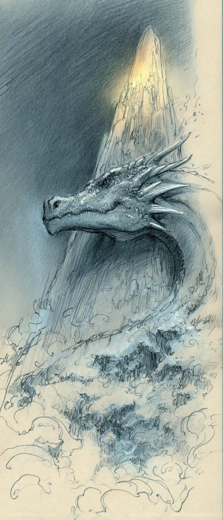 Sleeping dragon curled around a glowing crystal mountain