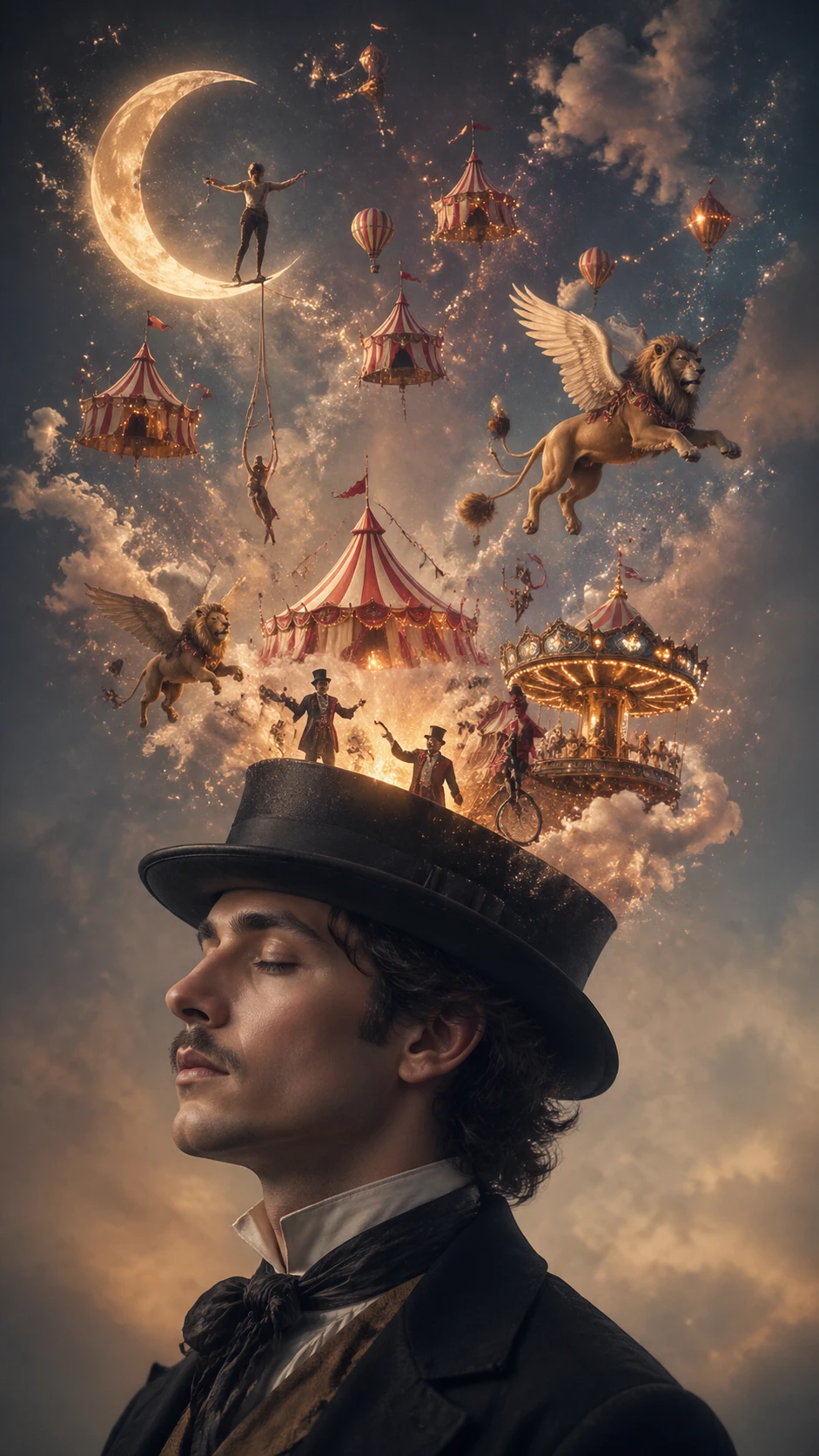 Calm portrait with a surreal circus emerging from top hat