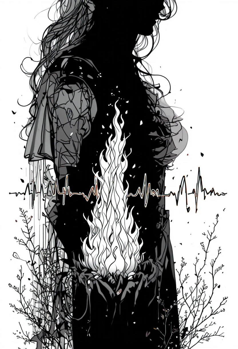 Lonely figure standing by a glowing fire in darkness
