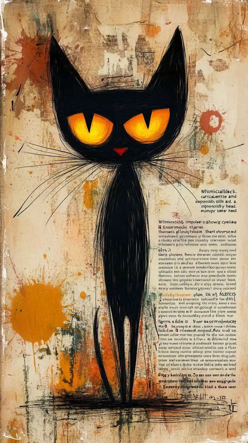 Whimsical black cat with glowing eyes on textured paper