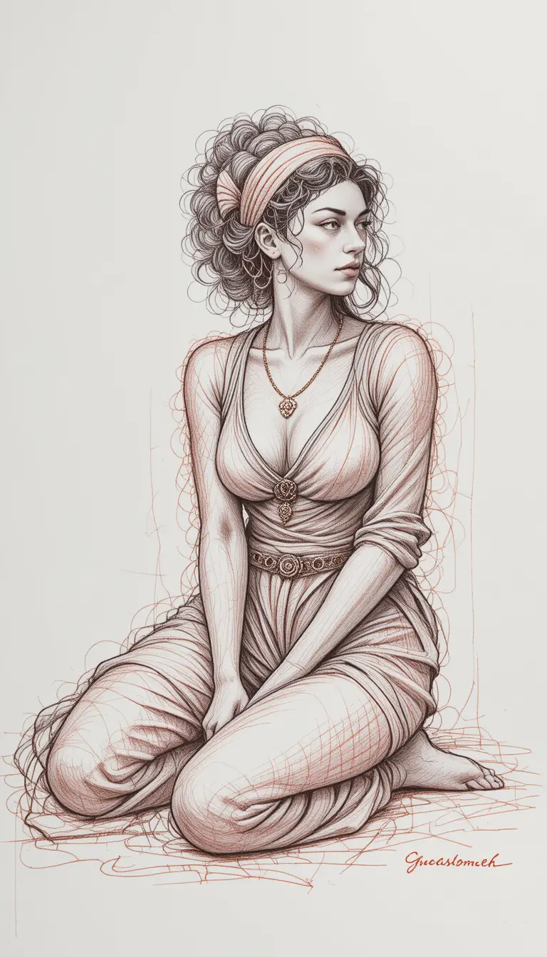 Figure drawing of a seated young woman in thoughtful pose