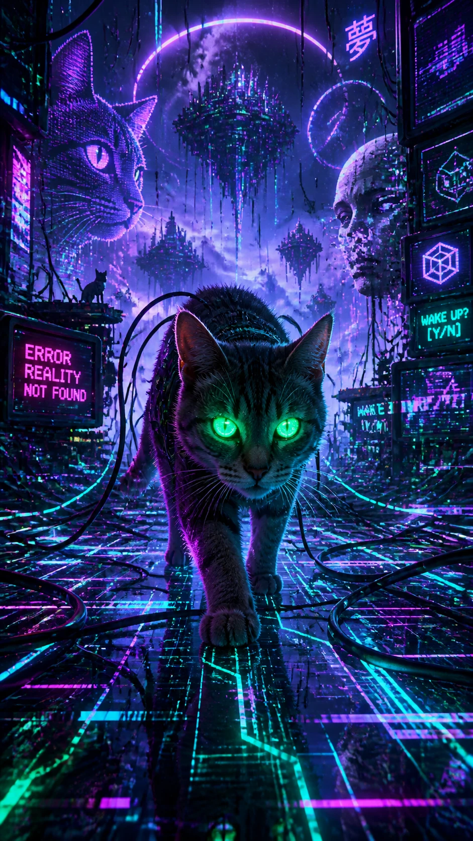 Neon cat exploring a surreal virtual reality maze