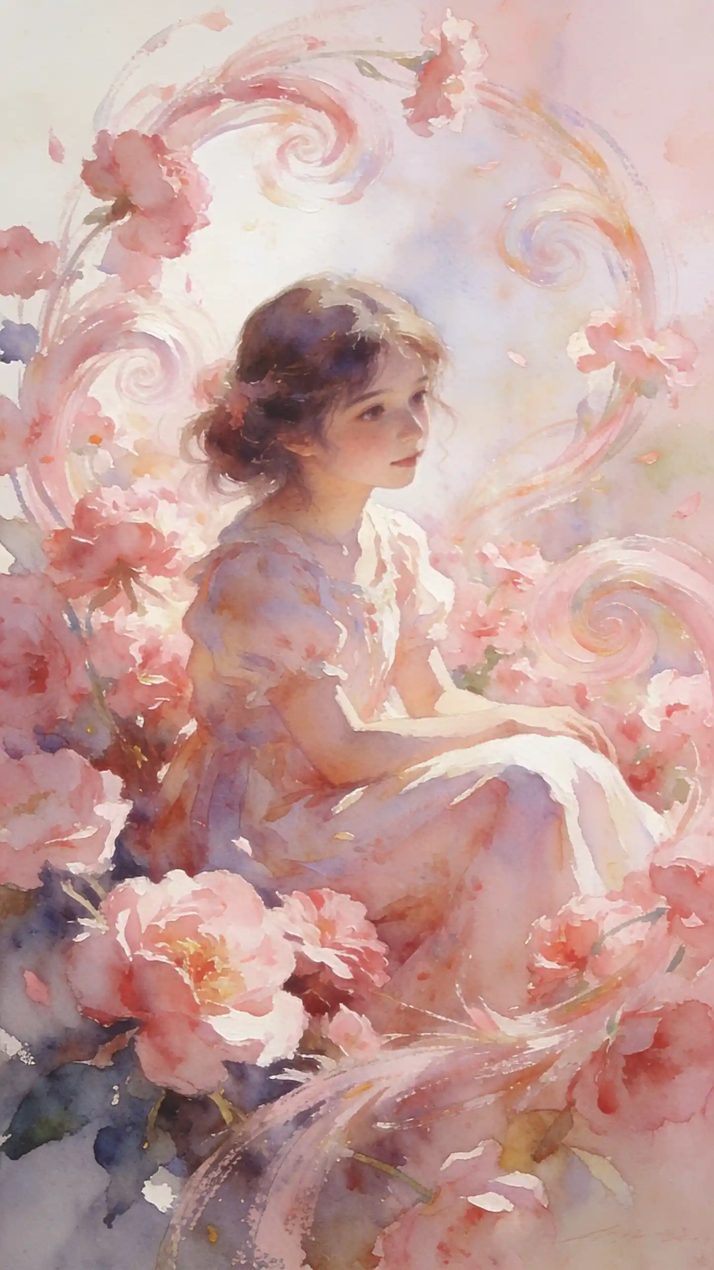 Dreamy girl sitting amid soft pink watercolor flowers