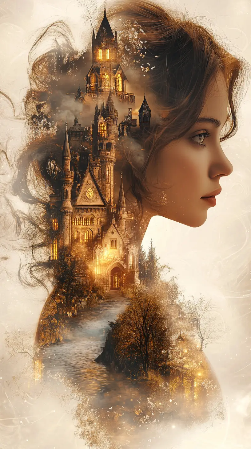 Dreamlike woman fused with glowing fairytale kingdom