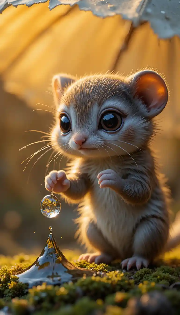 傘の雨粒に触れる小さなファンタジー生物