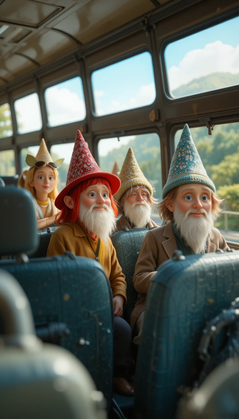 Cute clay characters riding a summer bus on highway