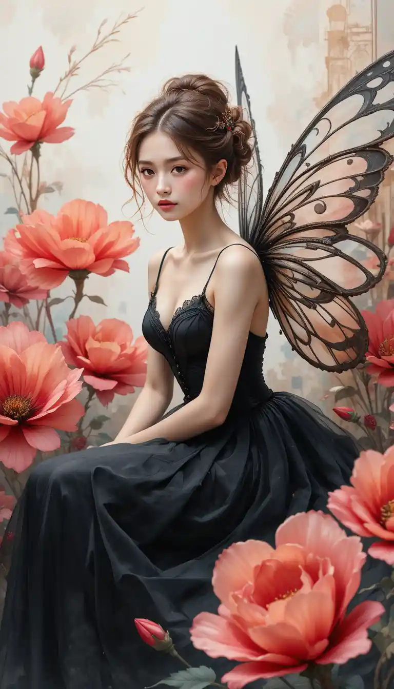 붉은 꽃 속 우아한 요정 수채화 클로즈업 장면
