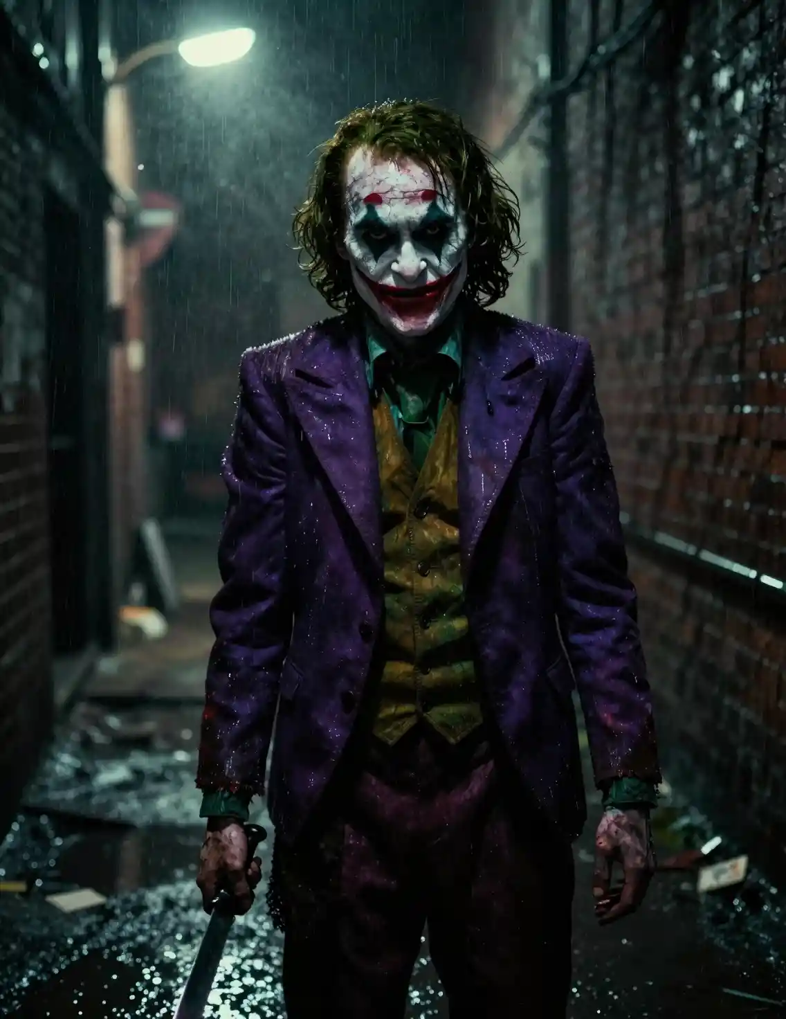 Deformed clown like figure lurking in a dark alley
