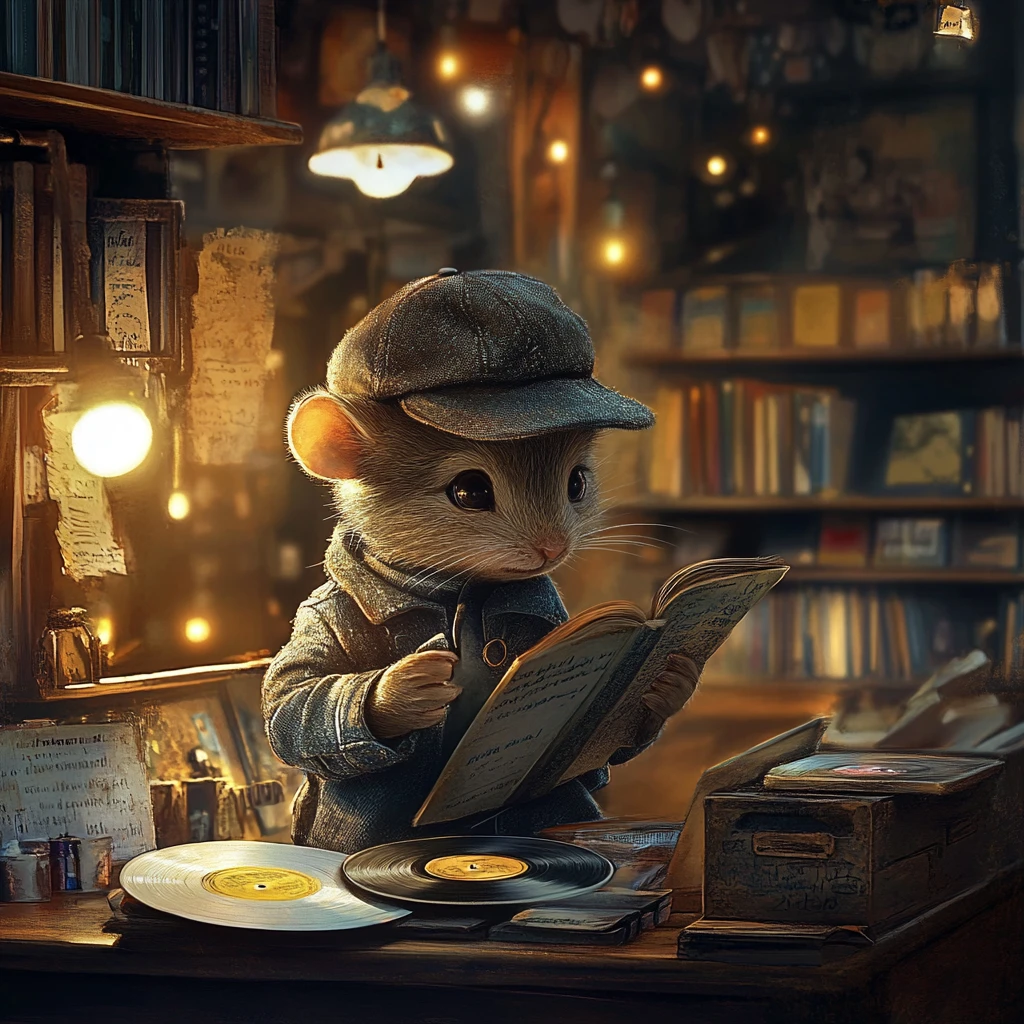 Pequeño ratón examinando un disco de vinilo en una tienda acogedora