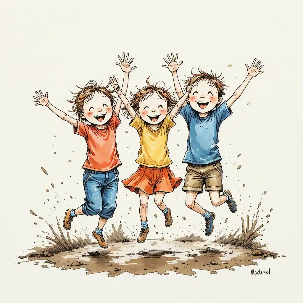 Joyful children jumping and playing together in muddy outdoors