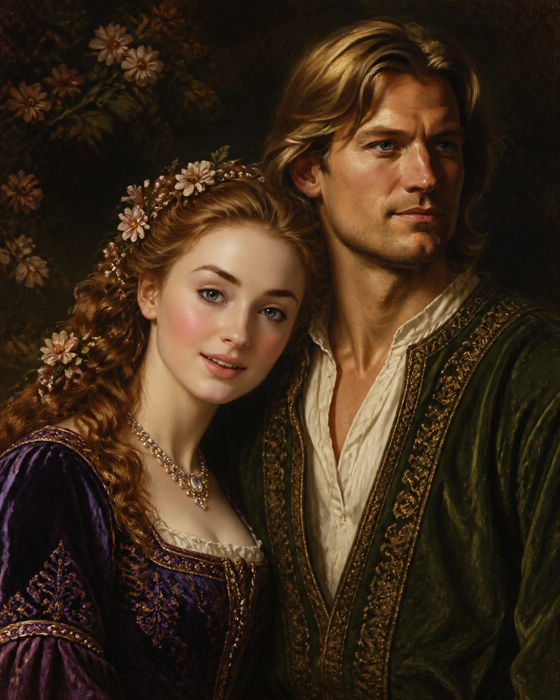 Romantic renaissance couple portrait in soft pre raphaelite style