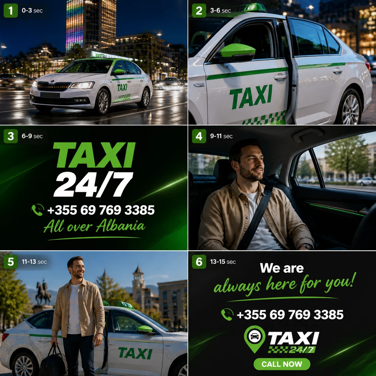White taxi car driving through Tirana city streets at night