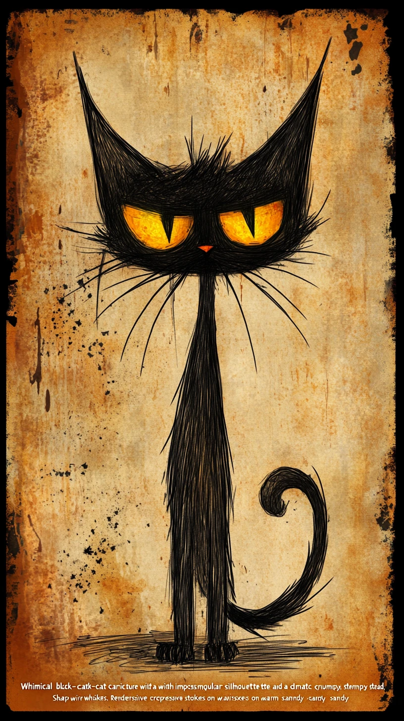 Moody Black Cat Caricature With Glowing Yellow Eyes