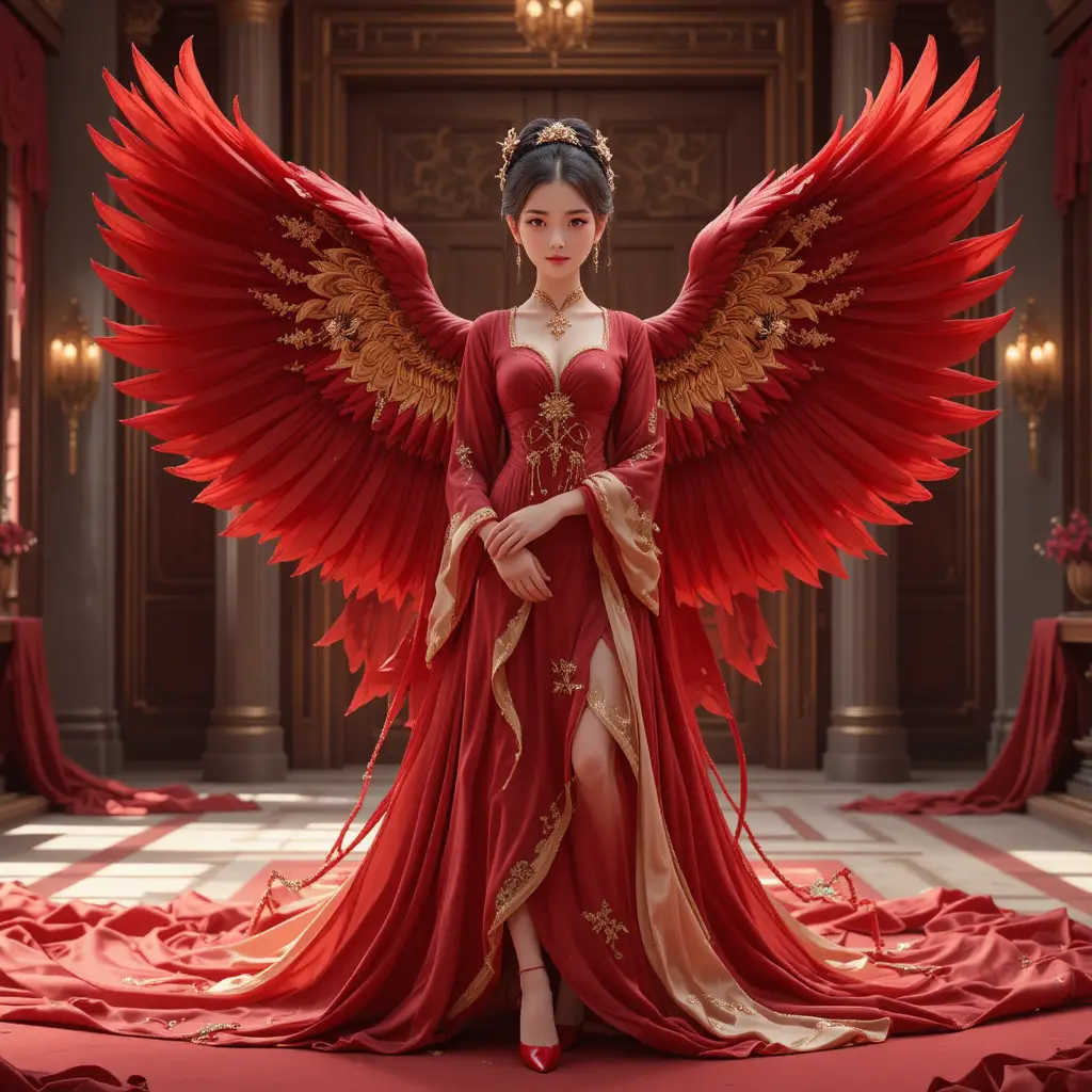 Ragazza coreana angelica in abito cremisi con ali dorate