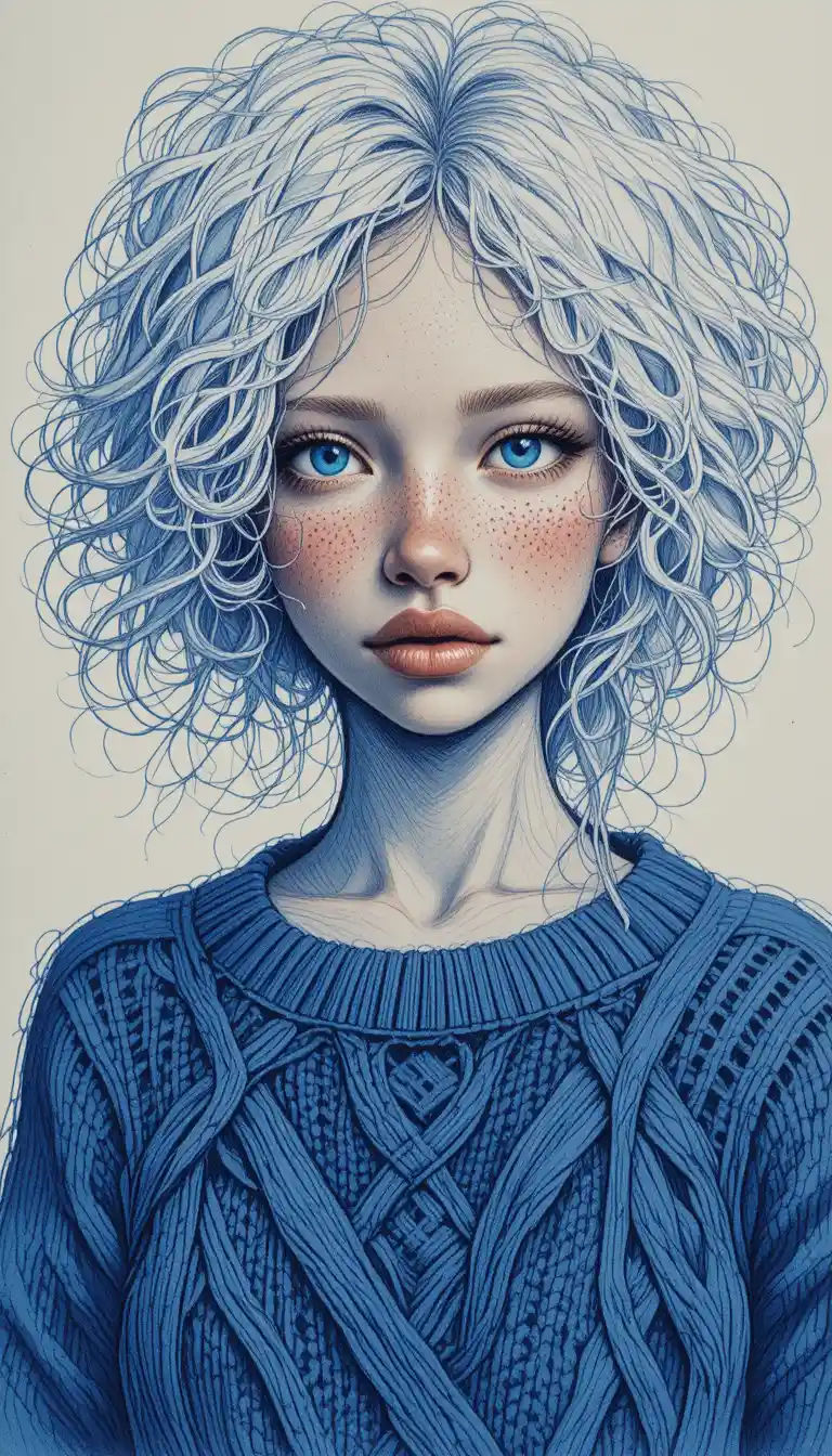 Ritratto di ragazza albina a penna blu con lentiggini e maglione