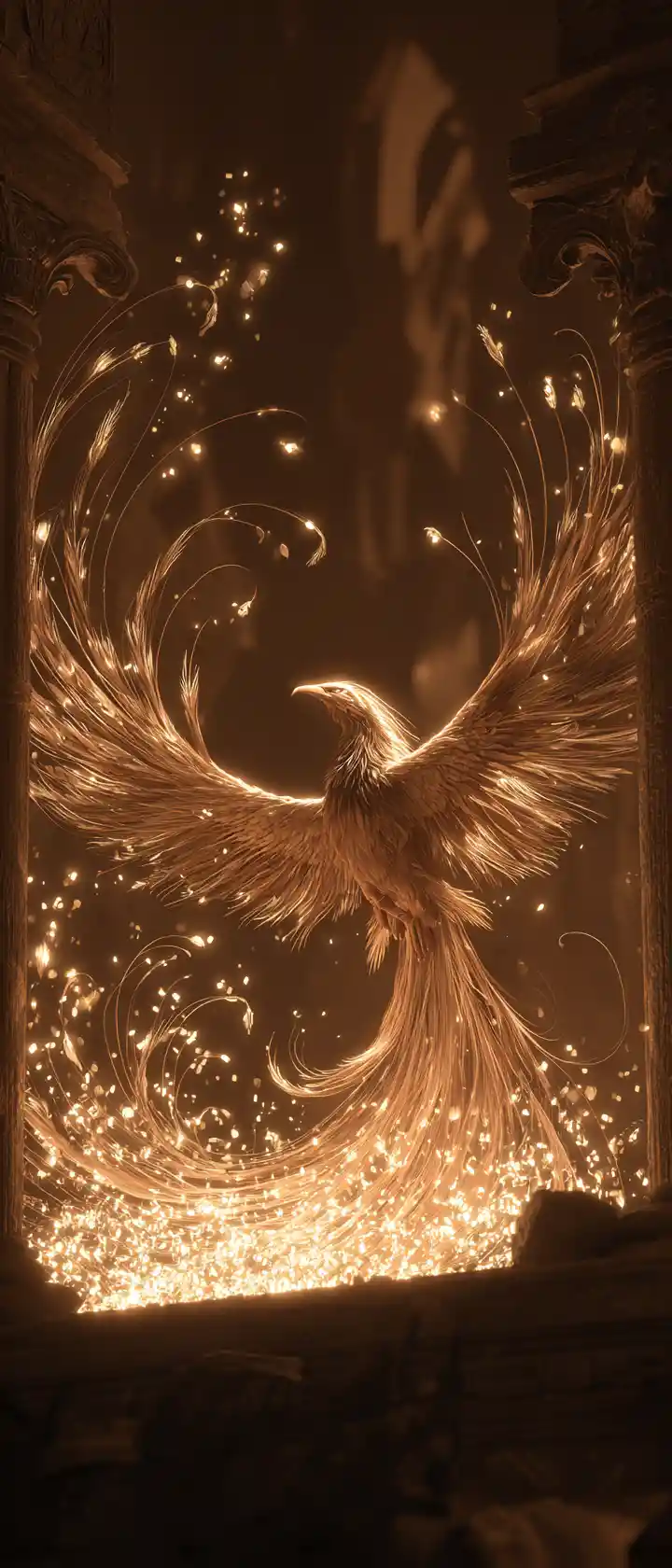 Mythical phoenix rising from embers in ancient ruined temple