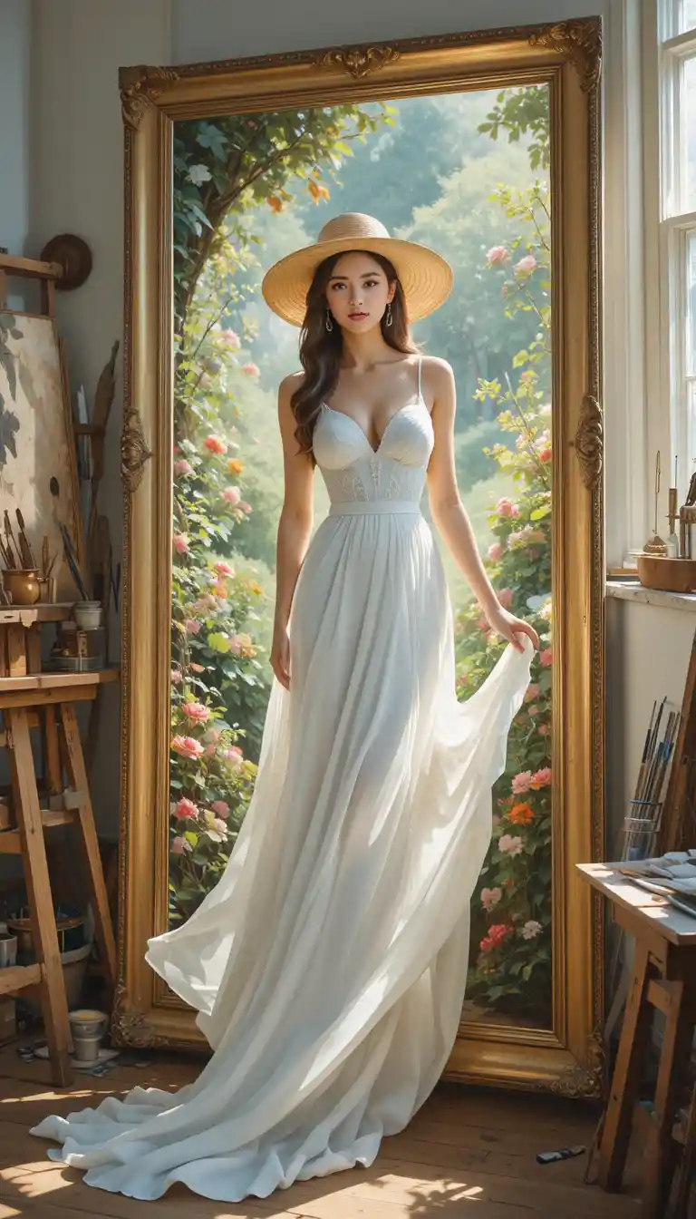 Woman stepping from golden framed painting in sunlit studio