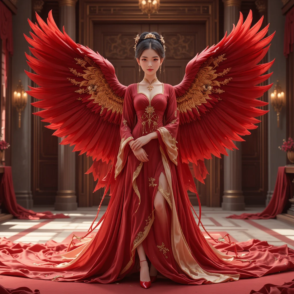 Korean angelic girl in crimson gown with golden wings