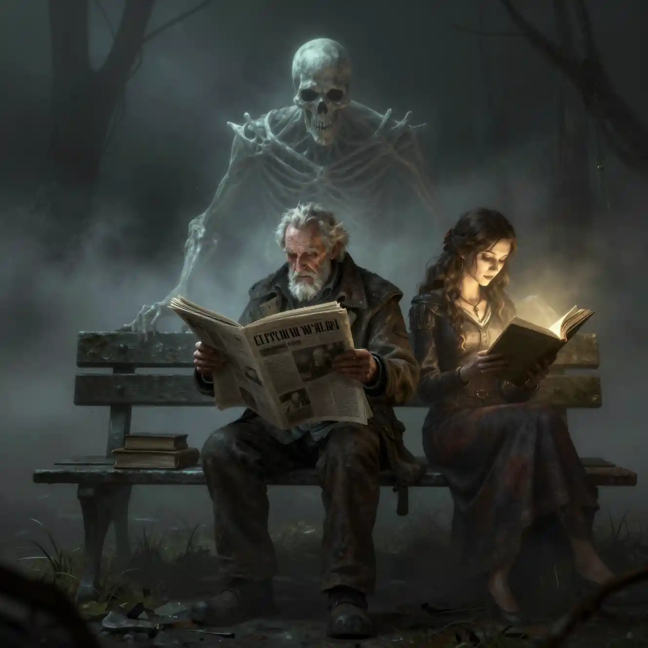 Old man reading newspaper on bench in dark misty park