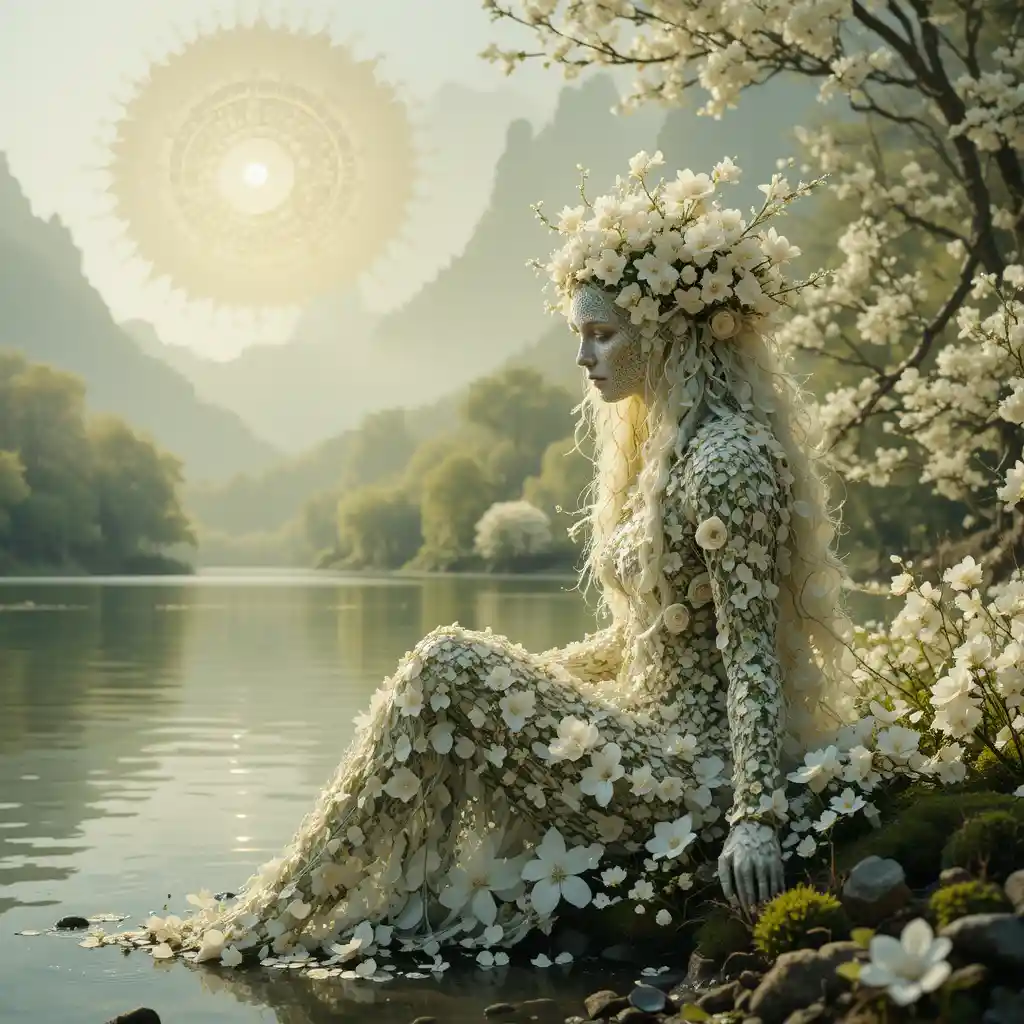 Blossom covered forest spirit by a reflective spring lake